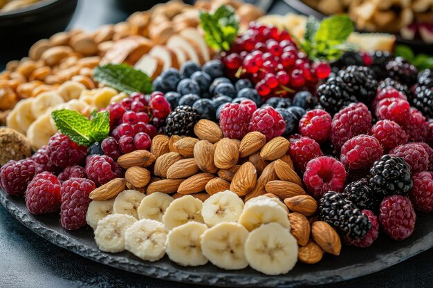 Photo a detailed shot of a healthy snack platter with nuts and berries