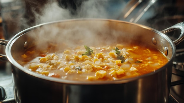 Detailed shot of a large stock pot with a hearty soup inside with steam rising and kitchen utensils visible