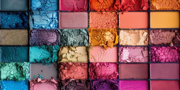 Photo detailed shot of a makeup palette with an array of vibrant colors highlighting the creativity and variety in beauty products