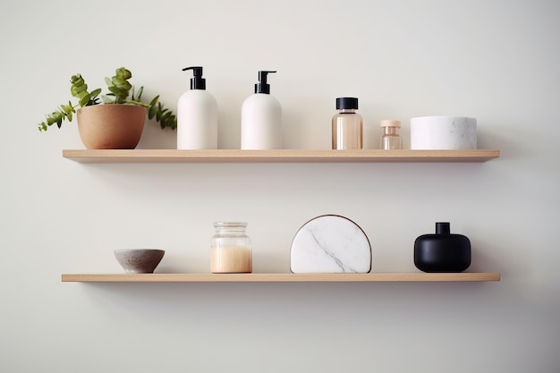 A detailed shot of a minimalist bathroom shelf adorned with carefully curated essentials and decorative elements Generative AI