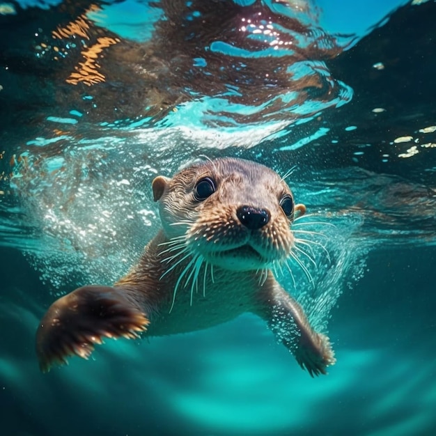 Detailed Shot of Otter Swimming in the Sea Ai generated