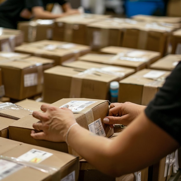 Detailed shot of a person39s hands labeling boxes of relief supplies for easy identification Job ID 86f60098497340c887abff64eacb1de7