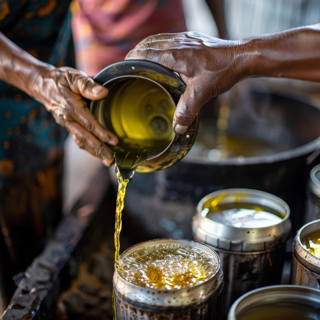 Detailed shot of a person39s hands pouring cooking oil into containers for distribution Job ID 7b4334deb75043279a432d3f2c284c92