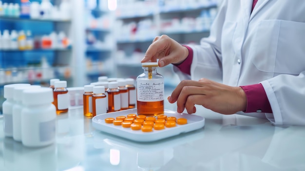 A detailed shot of a pharmacist preparing generic syrup with a script label emphasizing precise care