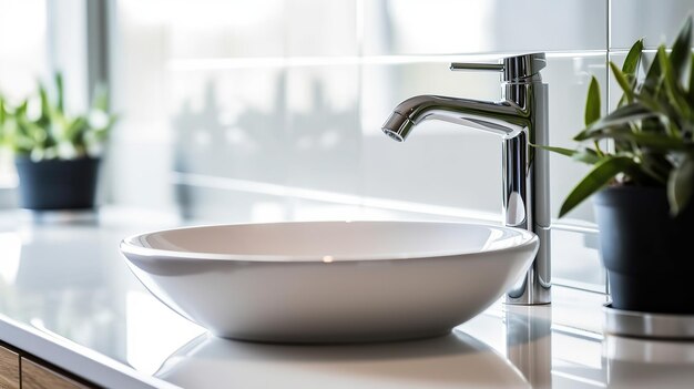 A detailed shot of a pristine white ceramic sink with a minimalist design complemented by a chrome plated modern faucet Generative AI