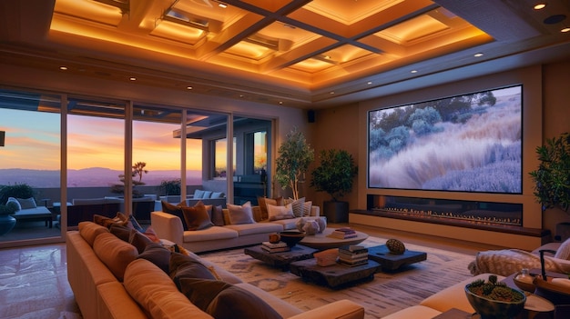 A detailed shot of a residential home featuring smart glass skylights in the living room the glass