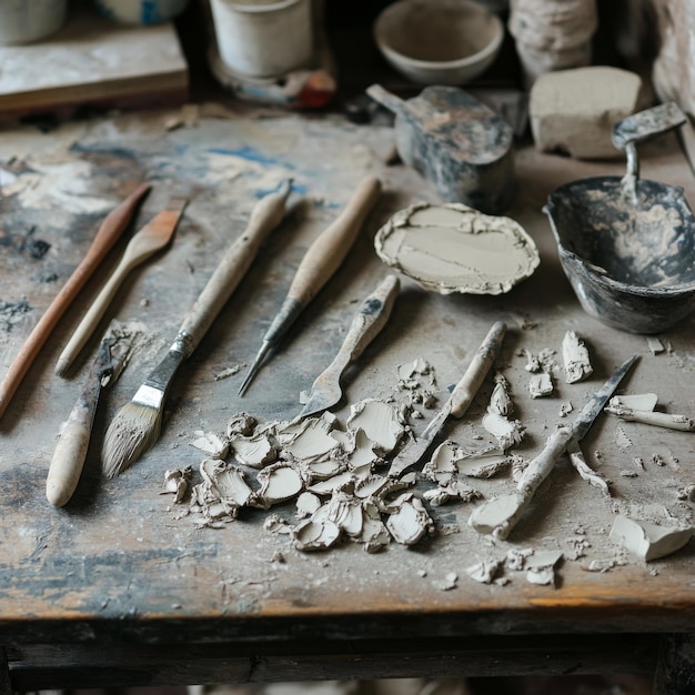 Photo a detailed shot of sculpting tools arranged neatly on a workbench with clay remnants spread around v 61 job id 70d5f14481ec4229a237d2e2e3308c29