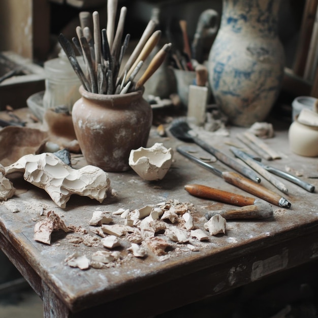 Photo a detailed shot of sculpting tools arranged neatly on a workbench with clay remnants spread around v 61 job id 70d5f14481ec4229a237d2e2e3308c29