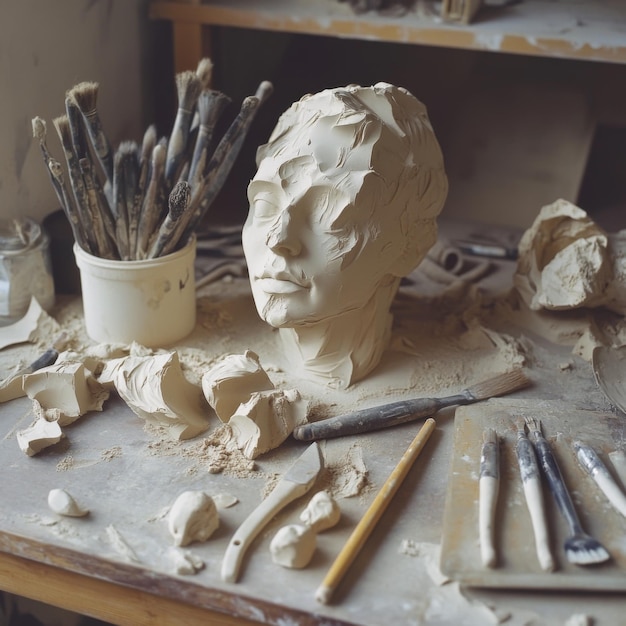 Photo a detailed shot of sculpting tools arranged on a workbench with clay remnants and a halffinished scu