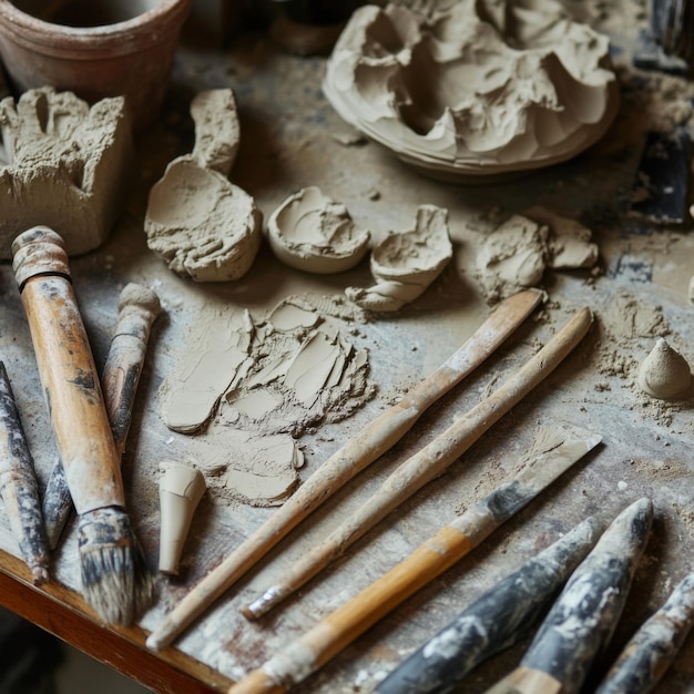 A detailed shot of sculpting tools arranged on a workbench with clay remnants and a halffinished sculpture v 61 Job ID 6542fc0389c440459864a0552febaee4