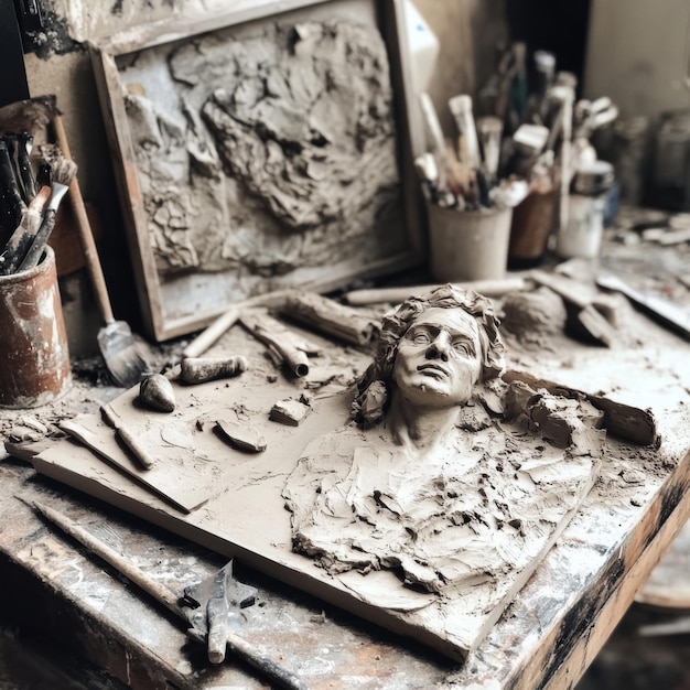 A detailed shot of sculpting tools lying next to a halffinished clay model on a messy workbench v 61 Job ID 40f1ee6352f54785bd0708199a91f07b