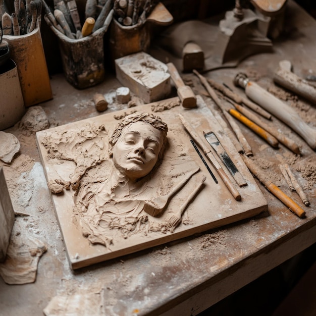 Photo a detailed shot of sculpting tools lying next to a halffinished clay model on a messy workbench v 61 job id 40f1ee6352f54785bd0708199a91f07b