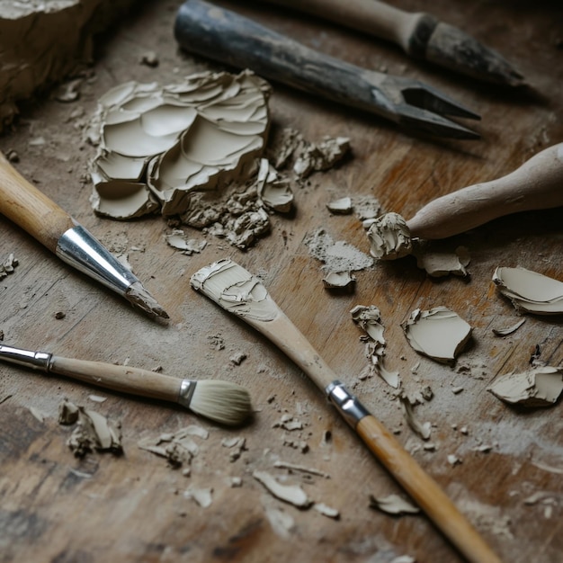 Photo a detailed shot of sculpting tools with clay remnants scattered on a wooden table v 61 job id 5a93d00b9868420bbb4db560650ed67d