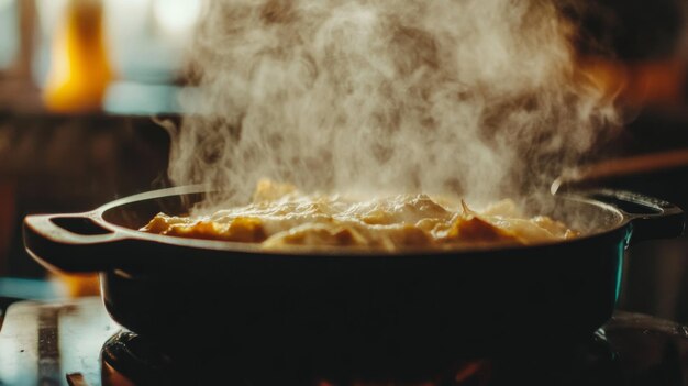 A detailed shot of a steaming hot casserole dish with steam visible as it is served from the oven highlighting the savory and comforting qualities of the meal