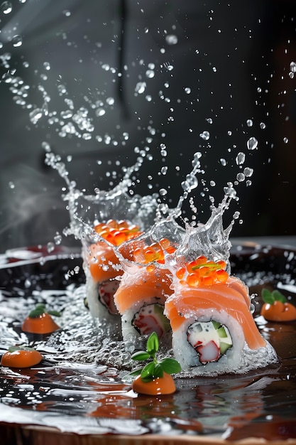 A detailed shot of a sushi roll being splashed with water around it