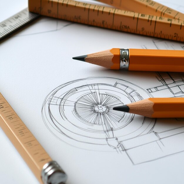 Photo a detailed shot of technical drawing toolscompasses rulers and pencilsplaced next to an architectural sketch v 61 job id 50c9327035cc47e5a7e15719d11bdb53