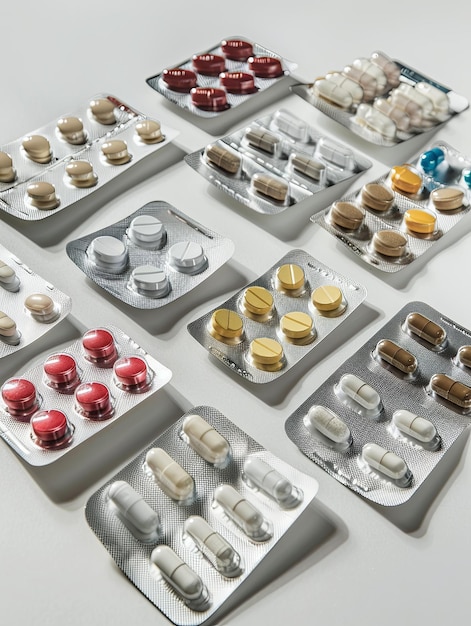 Photo a detailed shot of various pill blister packs neatly arranged on a white surface generative ai