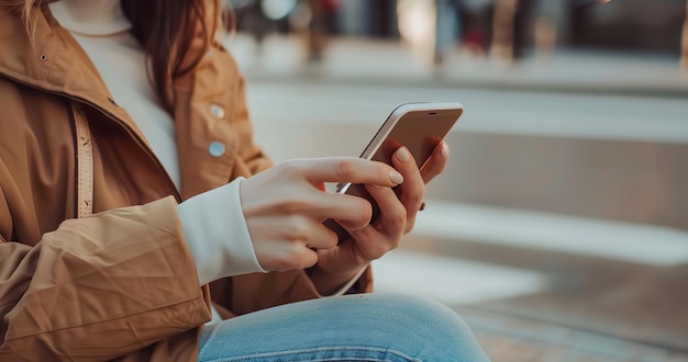 Photo detailed shot of a woman sitting on a street using her smartphone generative ai