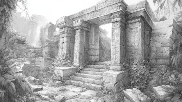 Photo a detailed sketch of ancient ruins overgrown with vegetation