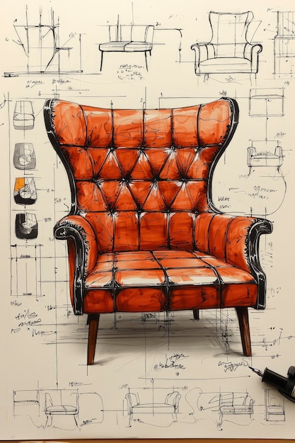 Detailed Sketch of a Comfortable Armchair with Handwritten Notes