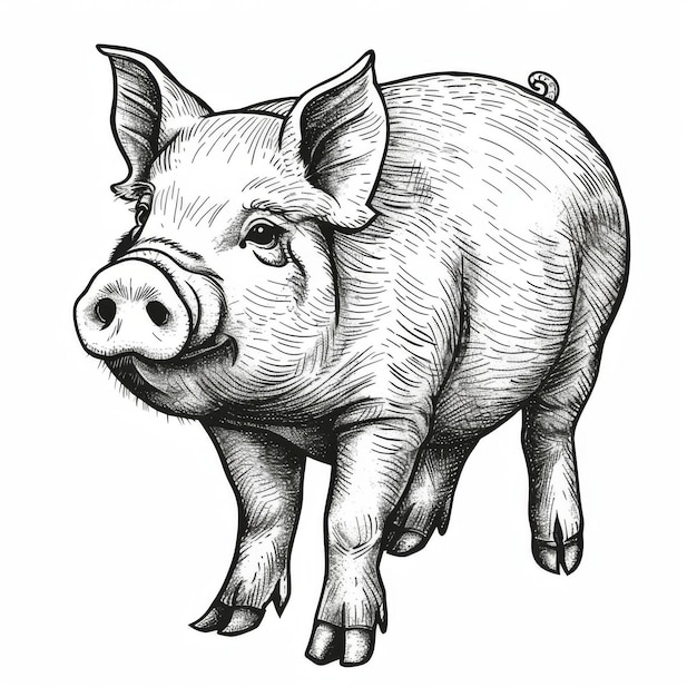 Detailed sketch of a domestic pig in black and white showcasing fine line work and shading