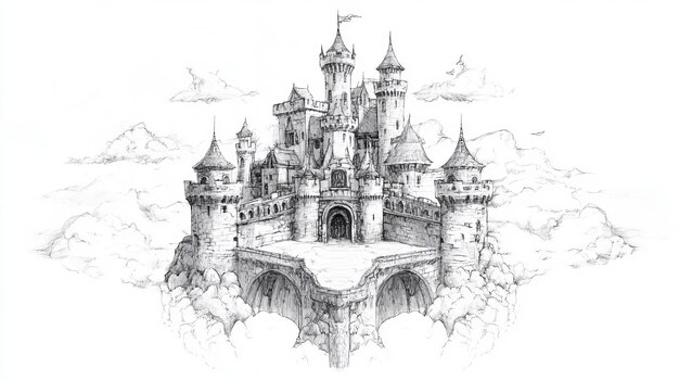 Photo a detailed sketch of a fantastical castle surrounded by clouds