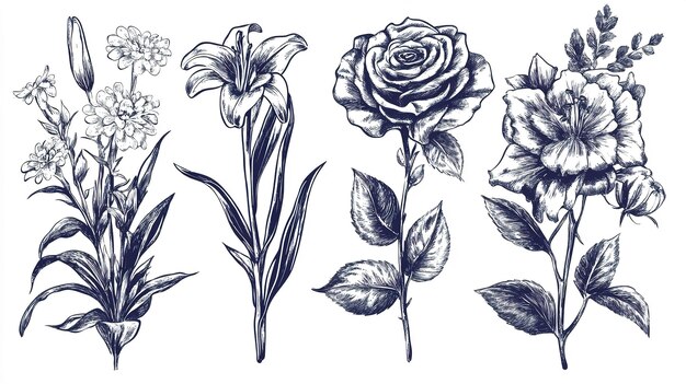 Photo detailed sketch of four different flower types including a lily and a rose featuring intricate line work and botanical elements