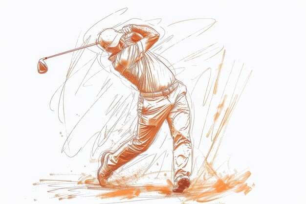 A detailed sketch of a golfer in midswing showcasing the precision of their technique A detailed sketch of a golfer swinging with precision and focus