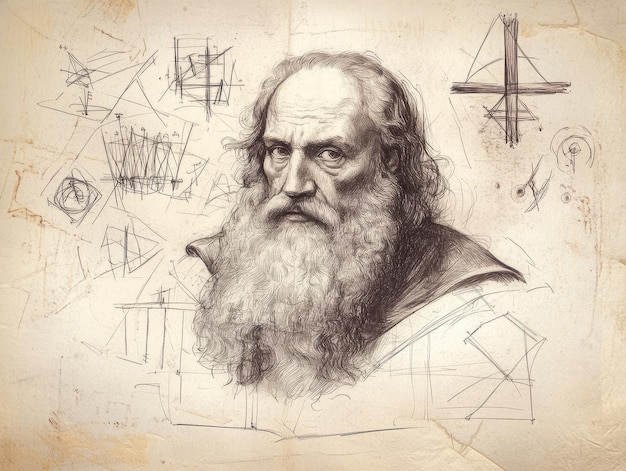 Photo a detailed sketch of a man with a long beard surrounded by geometric shapes and lines