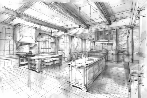 A detailed sketch of a modern kitchen featuring a central island perfect for food prep and social ga