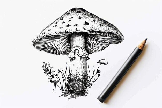 Photo a detailed sketch of a mushroom surrounded by delicate plants and a pencil resting beside it on a textured surface