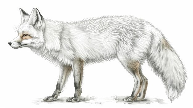 Detailed sketch of a white fox in a standing position showcasing its fur texture and elegant stance