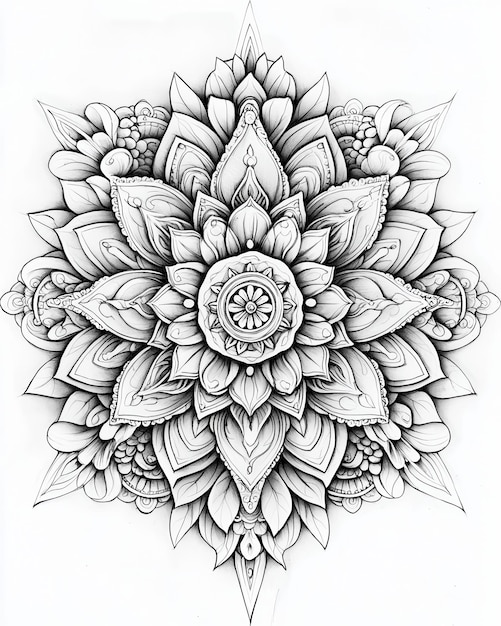 Detailed sketchstyle mandala featuring complex botanical designs rendered in black and white