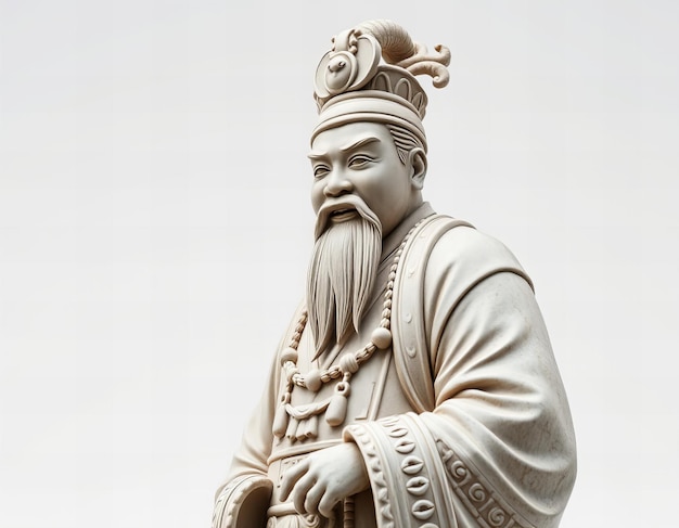 A detailed statue of an ancient Chinese emperor on a plain white background