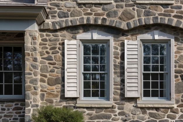 Detailed stone work and unique window details on colonial house exterior