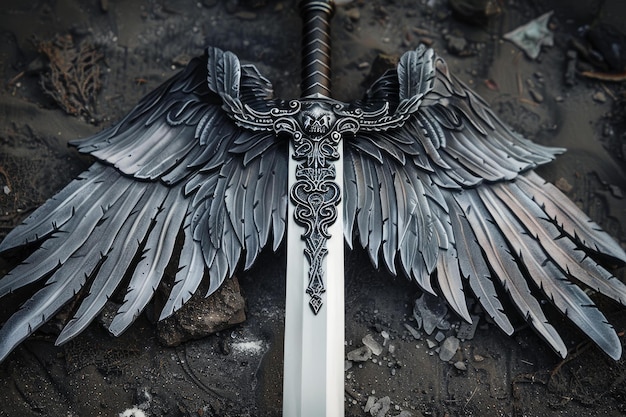 Detailed sword and angelic wings on dark background