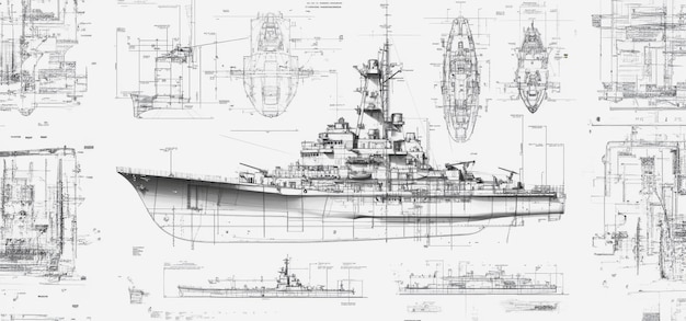 Detailed Technical Blueprint Artwork of a Naval Battleship Design in Black and White