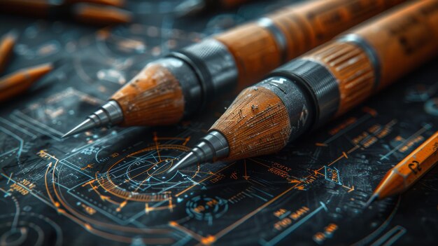 Photo detailed technical drawing with mechanical pencils on dark surface