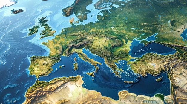 detailed topographic map of europe with visible countries