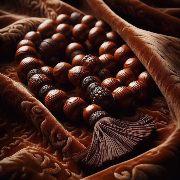 Detailed Traditional Wooden Tasbih with Textured Beads Draped on Velvet Cloth