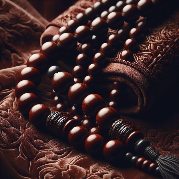 Detailed Traditional Wooden Tasbih with Textured Beads Draped on Velvet Cloth