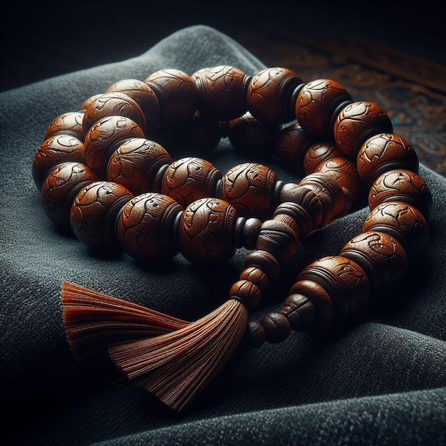 Detailed Traditional Wooden Tasbih with Textured Beads Draped on Velvet Cloth