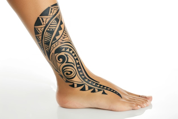 Photo detailed tribal tattoo on womans leg isolated on white background