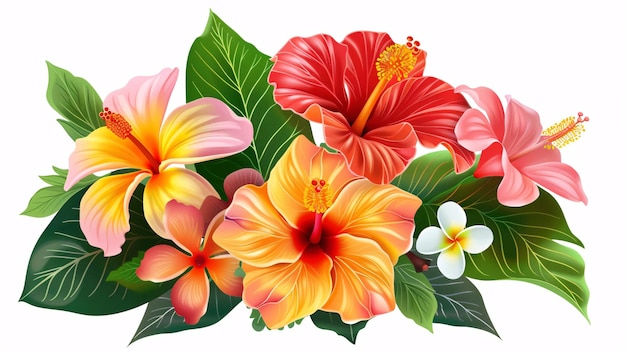 Detailed vector depiction of a beautiful floral arrangement with hibiscus and plumeria featuring a blend of bright colors and intricate leaf patterns isolated on a white background