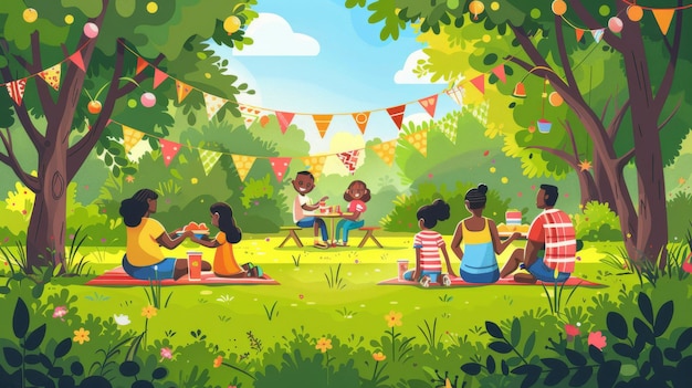 Detailed vector illustration of a family picnic in a park with children playing adults chatting and Juneteenth decorations like banners and balloons Generative AI