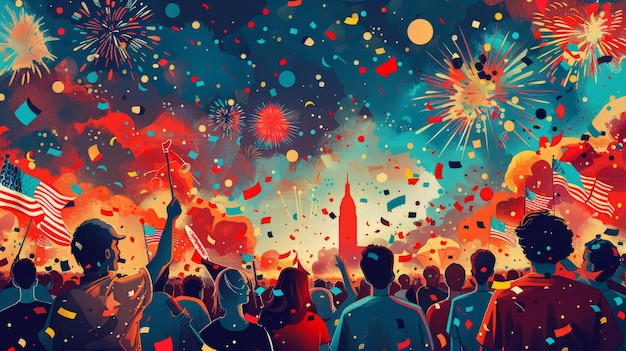 Detailed vector illustration of an Independence Day parade with floats marching bands and people dressed in patriotic colors set against a backdrop of cheering crowds Generative AI