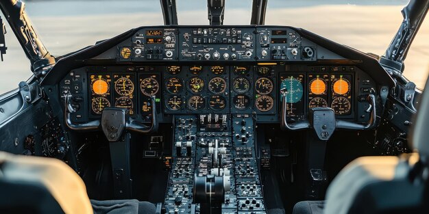 Photo detailed view of an aircraft cockpit featuring various gauges and controls showcasing aviation technology and instrumentation