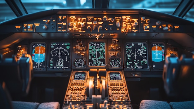 A detailed view of an aircraft cockpit filled with instruments and controls