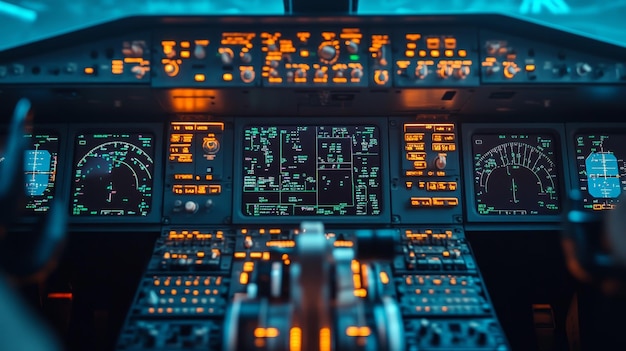 Photo a detailed view of an aircraft cockpit with illuminated controls and displays