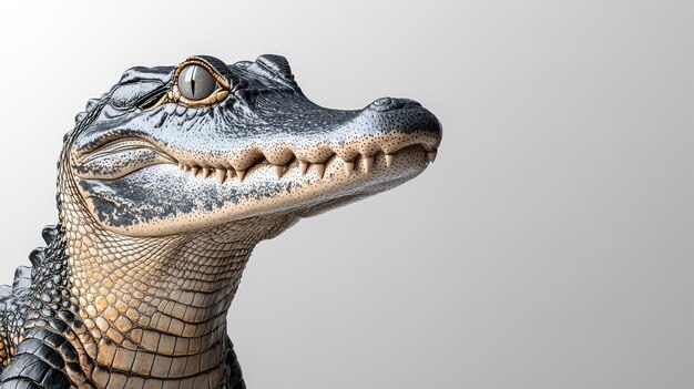 A detailed view of an alligators head reveals its striking features and colors